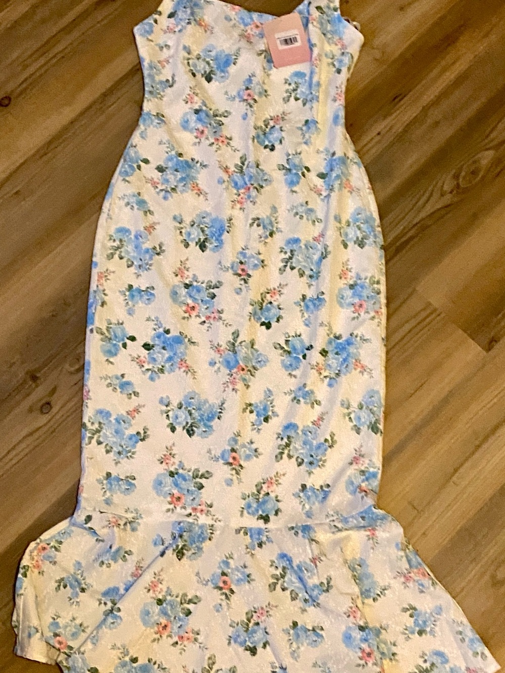 Hello Molly Cream Floral Square-Neck Long Dress with Blue and Pink Blooms
